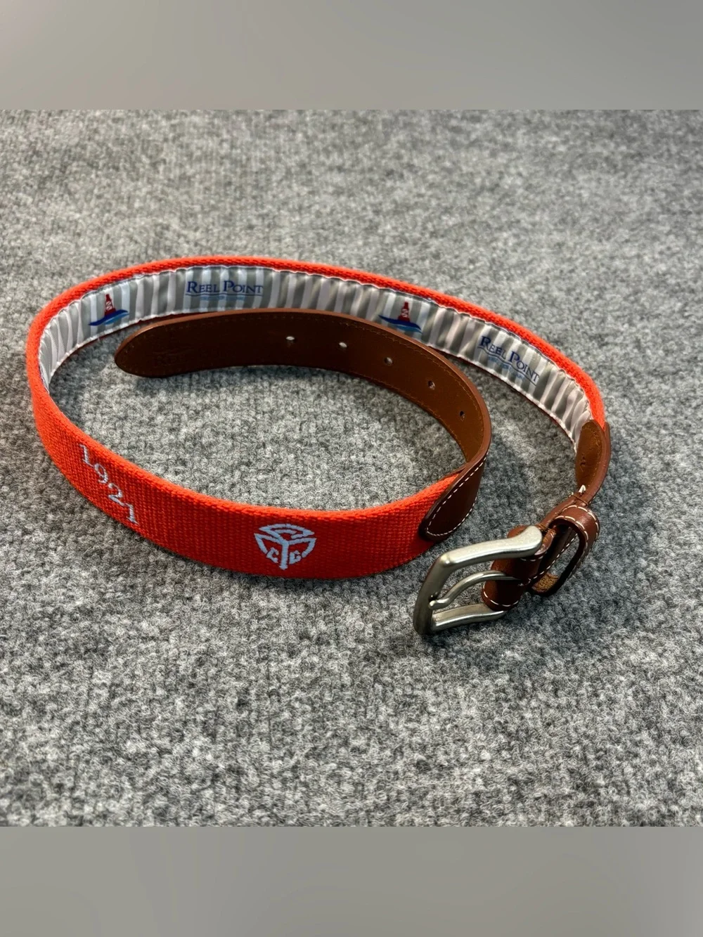 Reel Point Shelter Island Canvas Belt Size 32 Orange Embroidered 1921 USA Made